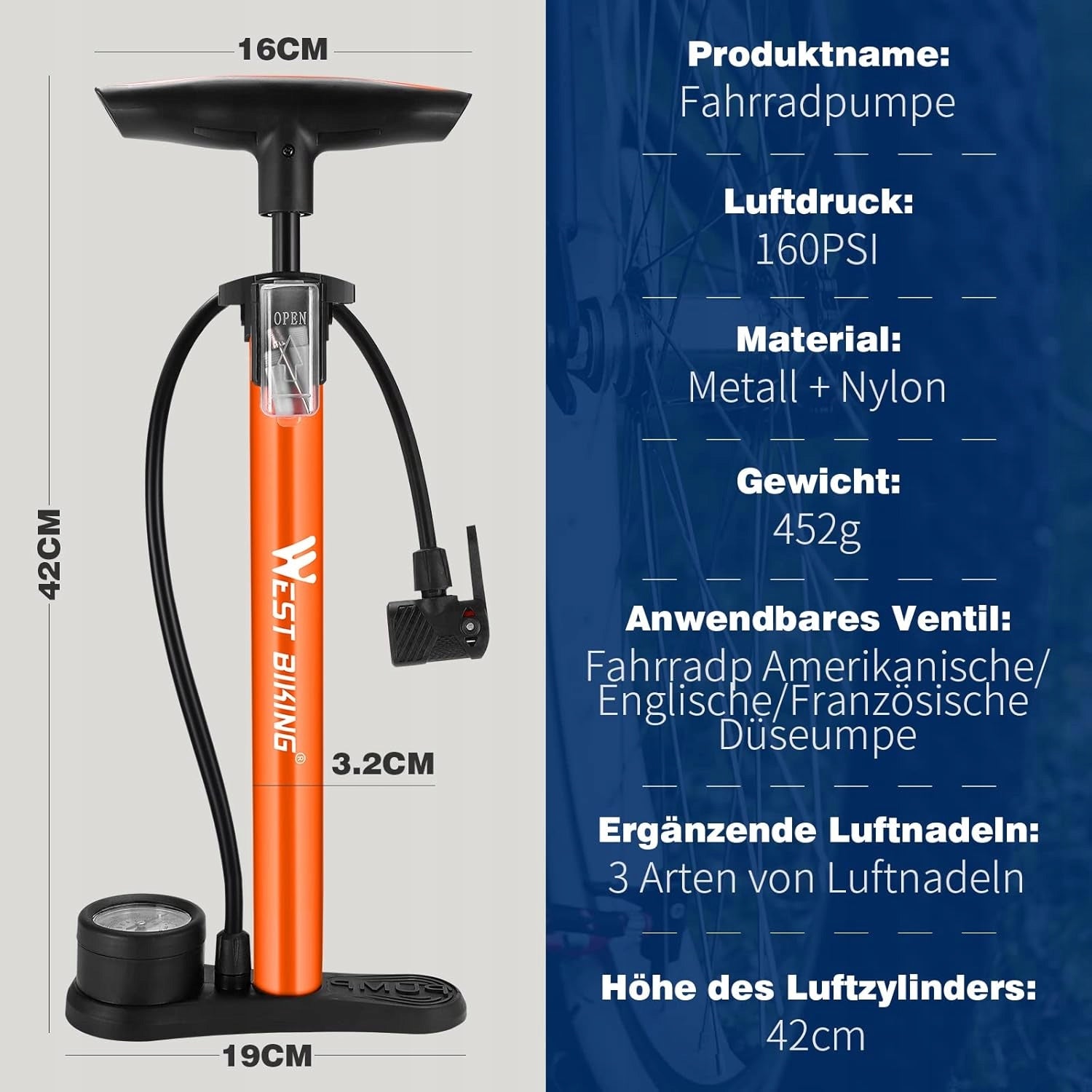 Bicycle Pump with Pressure Gauge Floor Pump 11 Bar/ 160 PSI Color other