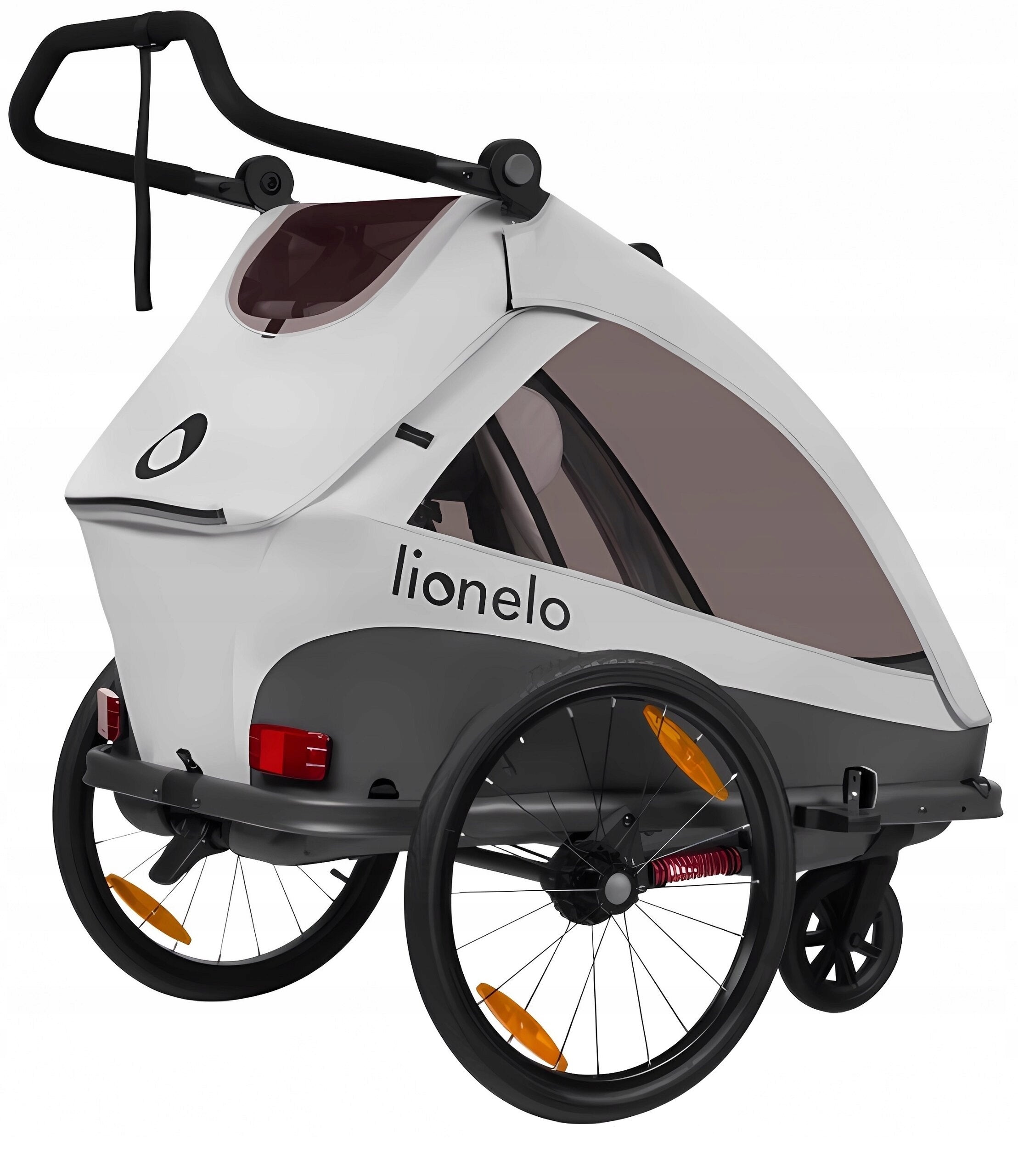 Bicycle Trailer LIONELO Cama Grey Additional features brake foldable trailer design mosquito net axle-mounted stroller front wheel included pockets partitions adjustable backrest adjustable handles 5-point harness jogger function sun visors pumped wheels shock absorption bicycle trailer hook cargo space safety flag hi-vis reflectors