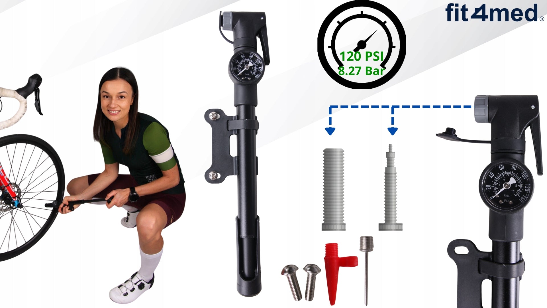 Bicycle pump with pressure gauge for hand bike with bicycle holder PRO 8 BAR Brand Fit4Med