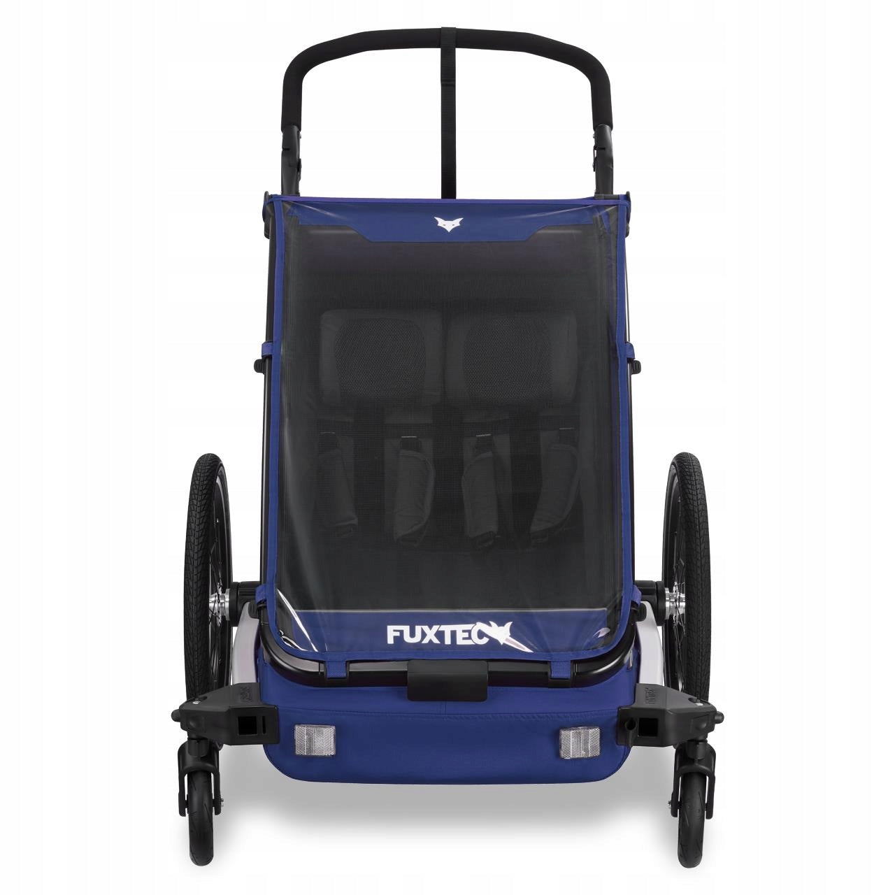 Bicycle trailer FUXTEC FX-FA1-SET-BLUE with jogger wheel Additional features safety flag rain cover jogger function brake pockets mounted to the lower tube mosquito net hi-vis reflectors sun visors securing straps 5-point harness support pumped wheels cargo space adjustable backrest adjustable handles foldable trailer design bag