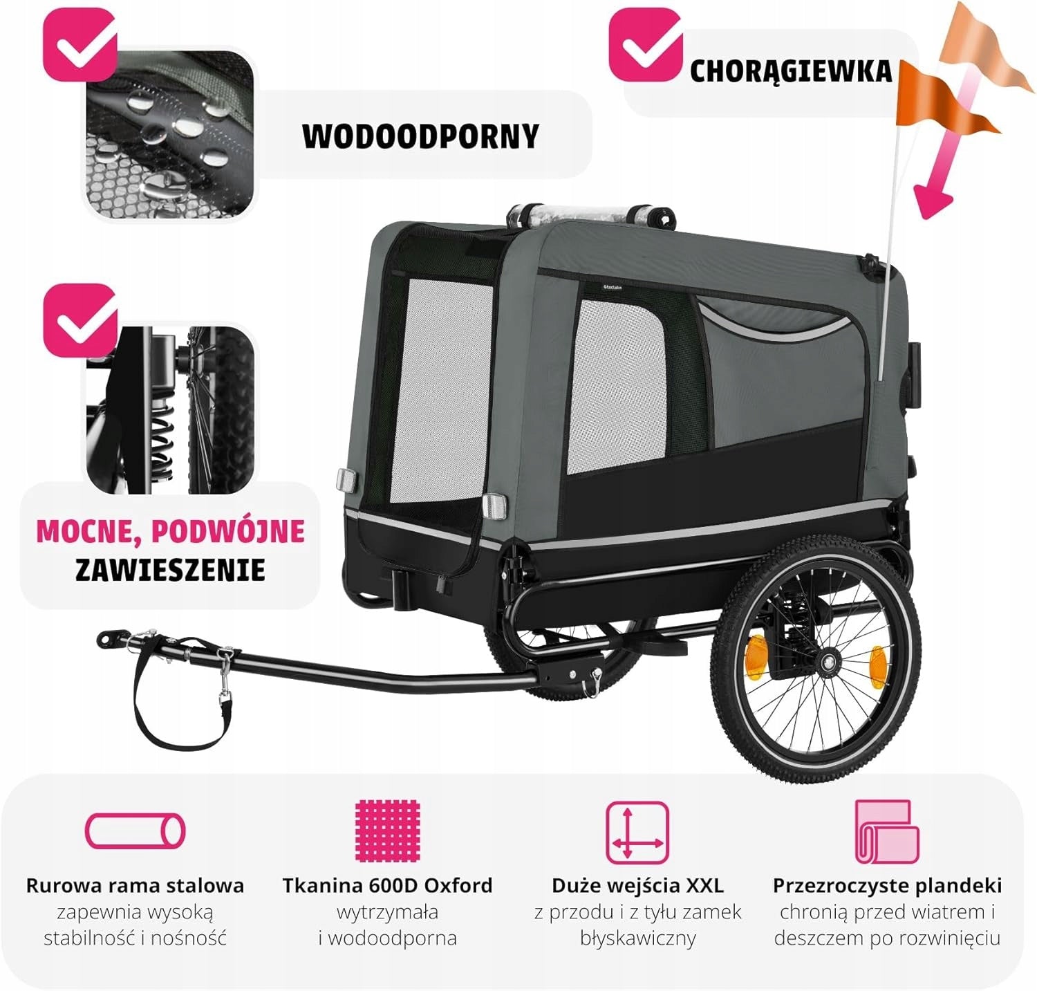 Bicycle trailer for dog tectake 3in1 jogger folding up to 40 kg grey Brand TecTake