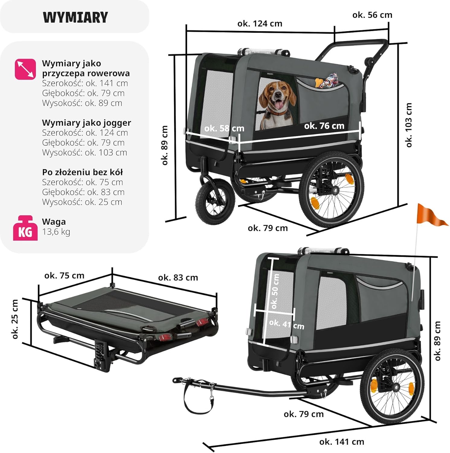 Bicycle trailer for dog tectake 3in1 jogger folding up to 40 kg grey Main material synthetic material