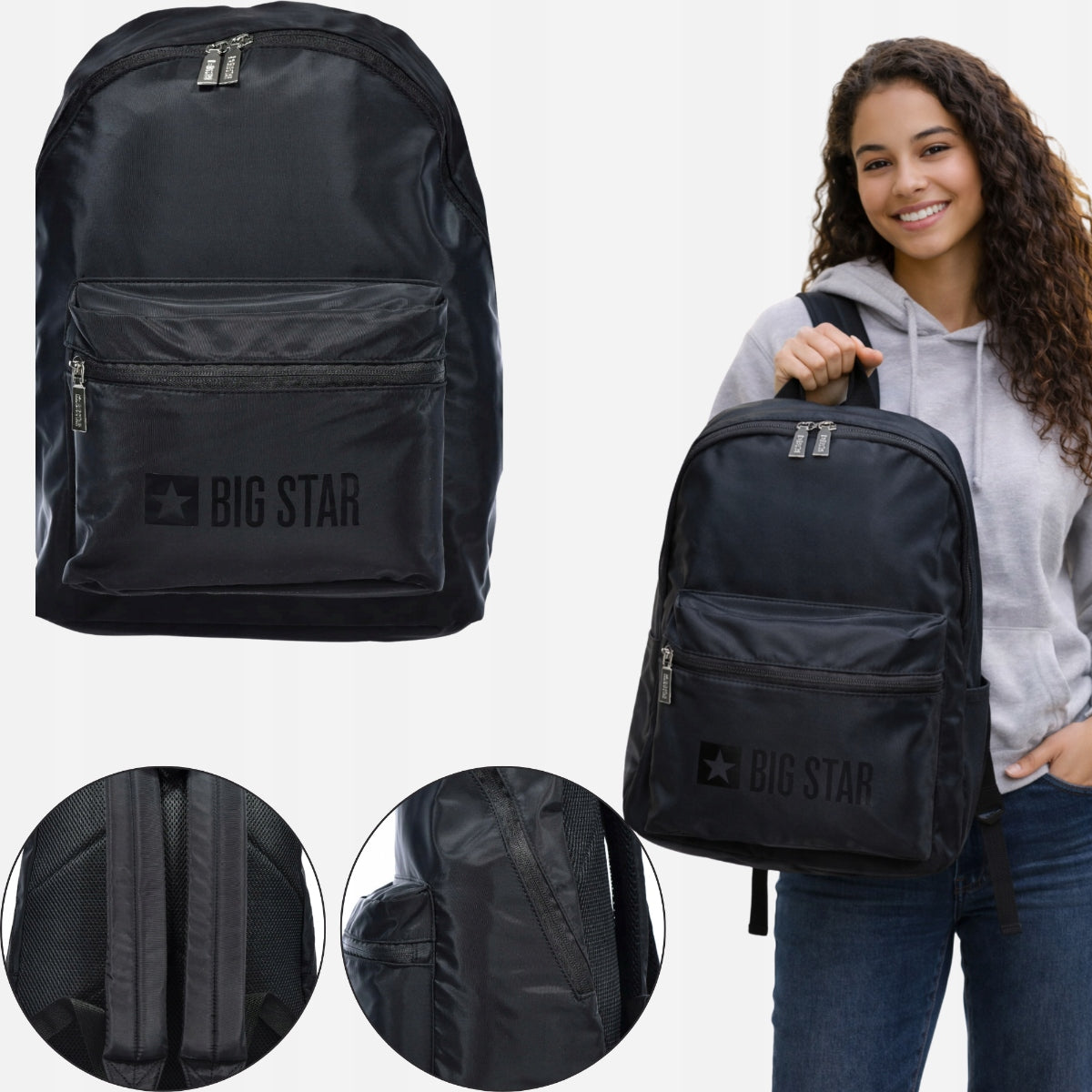 Big Star RR574119 unisex black backpack | polyester, A4, 41×29×12 cm