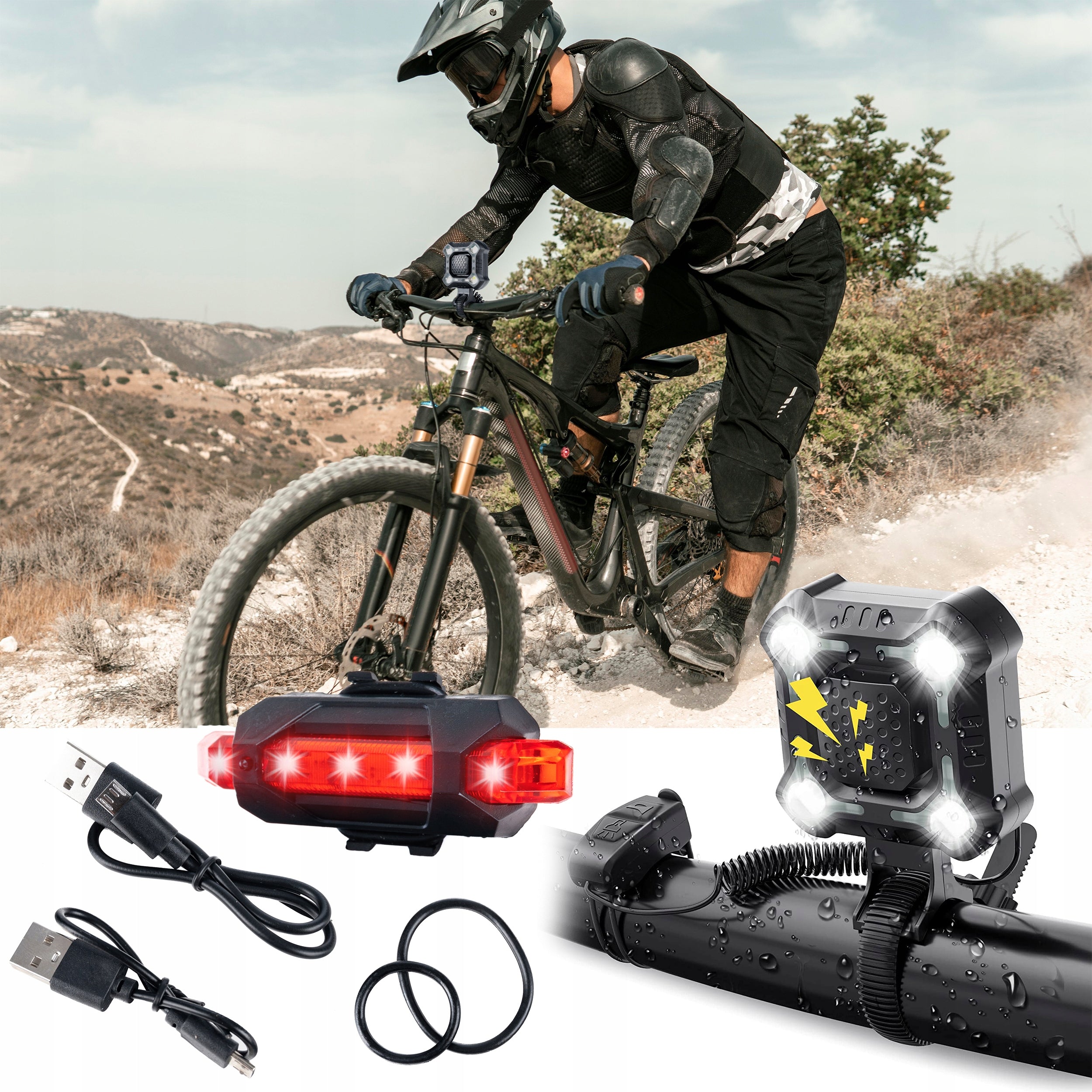 Bike Lamp Front And Rear With Horn Waterproof 1200mAh Set contents lamp charger handlebar mount holder