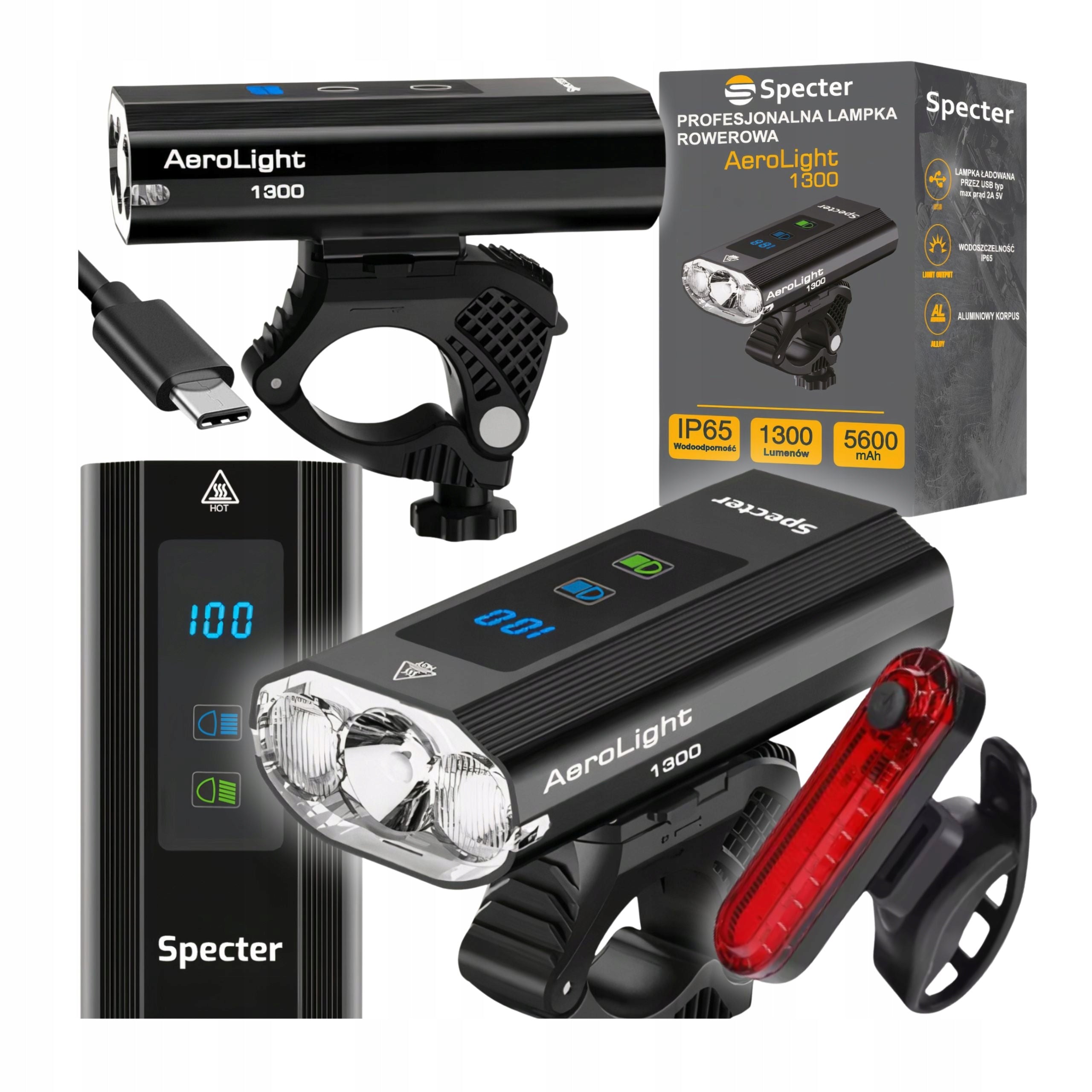 Bike Light Specter 1300Lm Set Rear LED USB Powerbank Waterproof