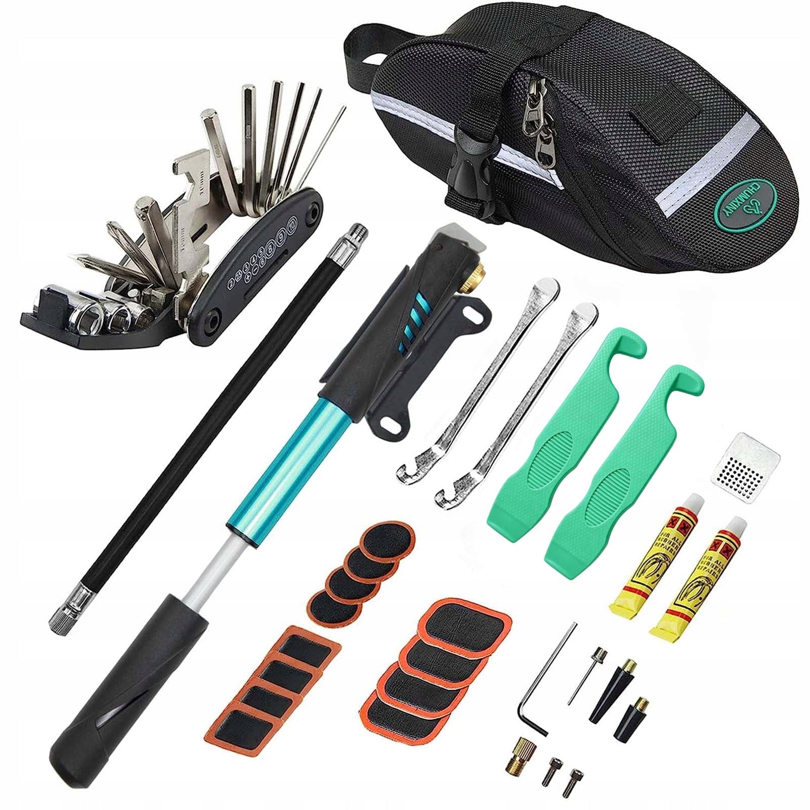 Bike Repair Kit, Multitool, Pump, Patches and Frame Bag