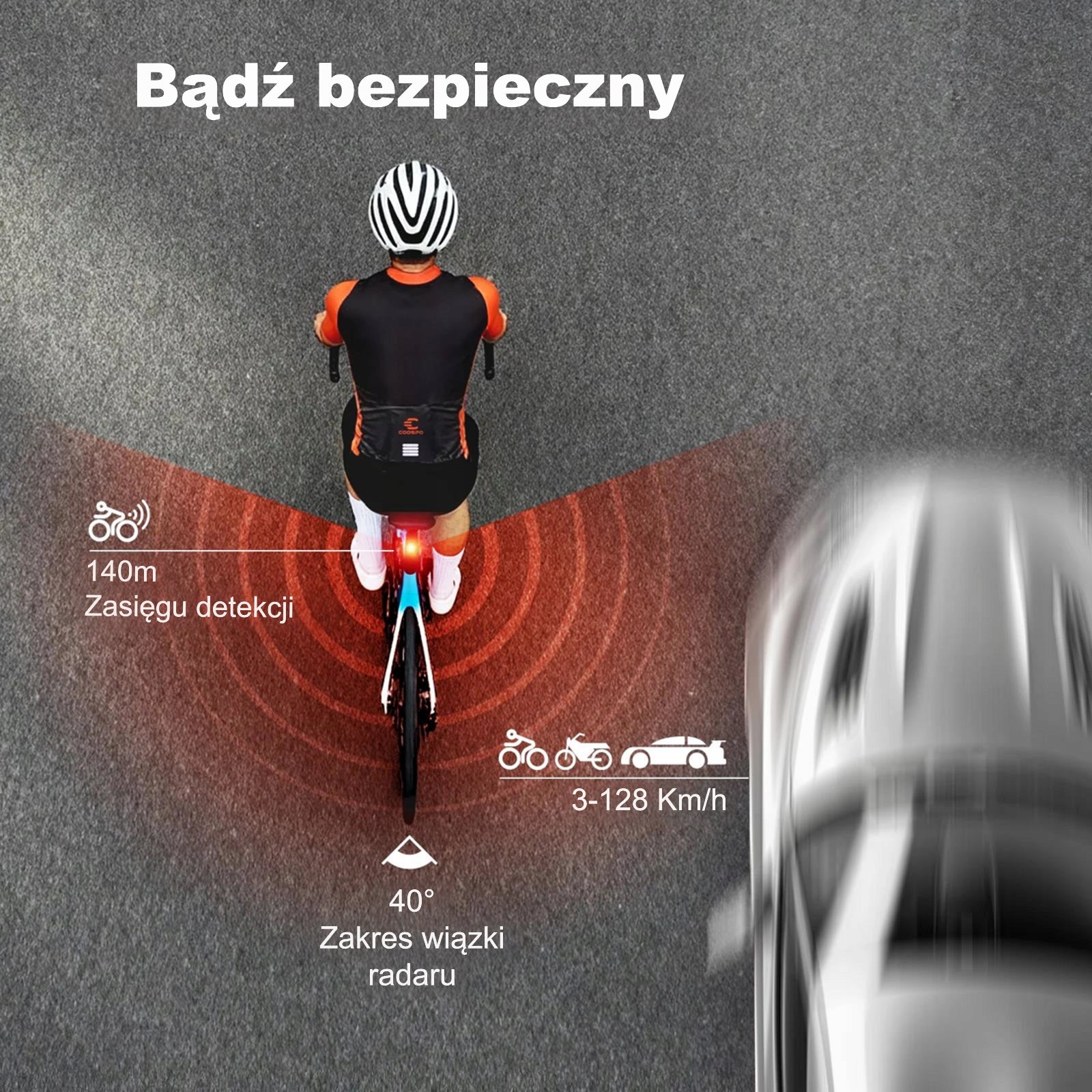 Bike light with radar Coospo TR70. Rear radar compatible with Wahoo and Garmin Brand Coospo