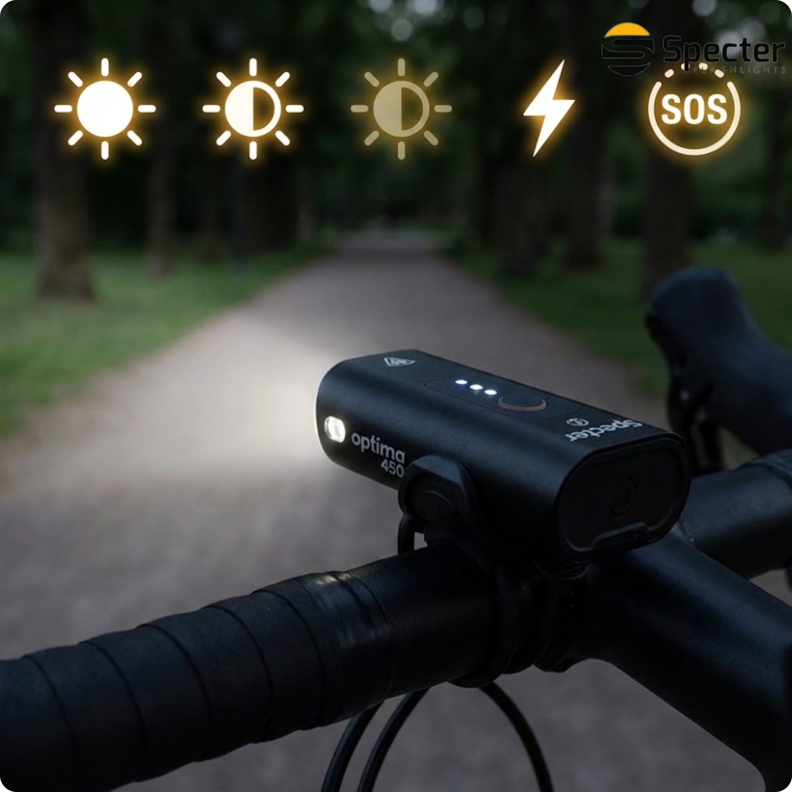 Bike lighting front light Specter Optima450 5 modes USB 1800mAh Kind front-facing