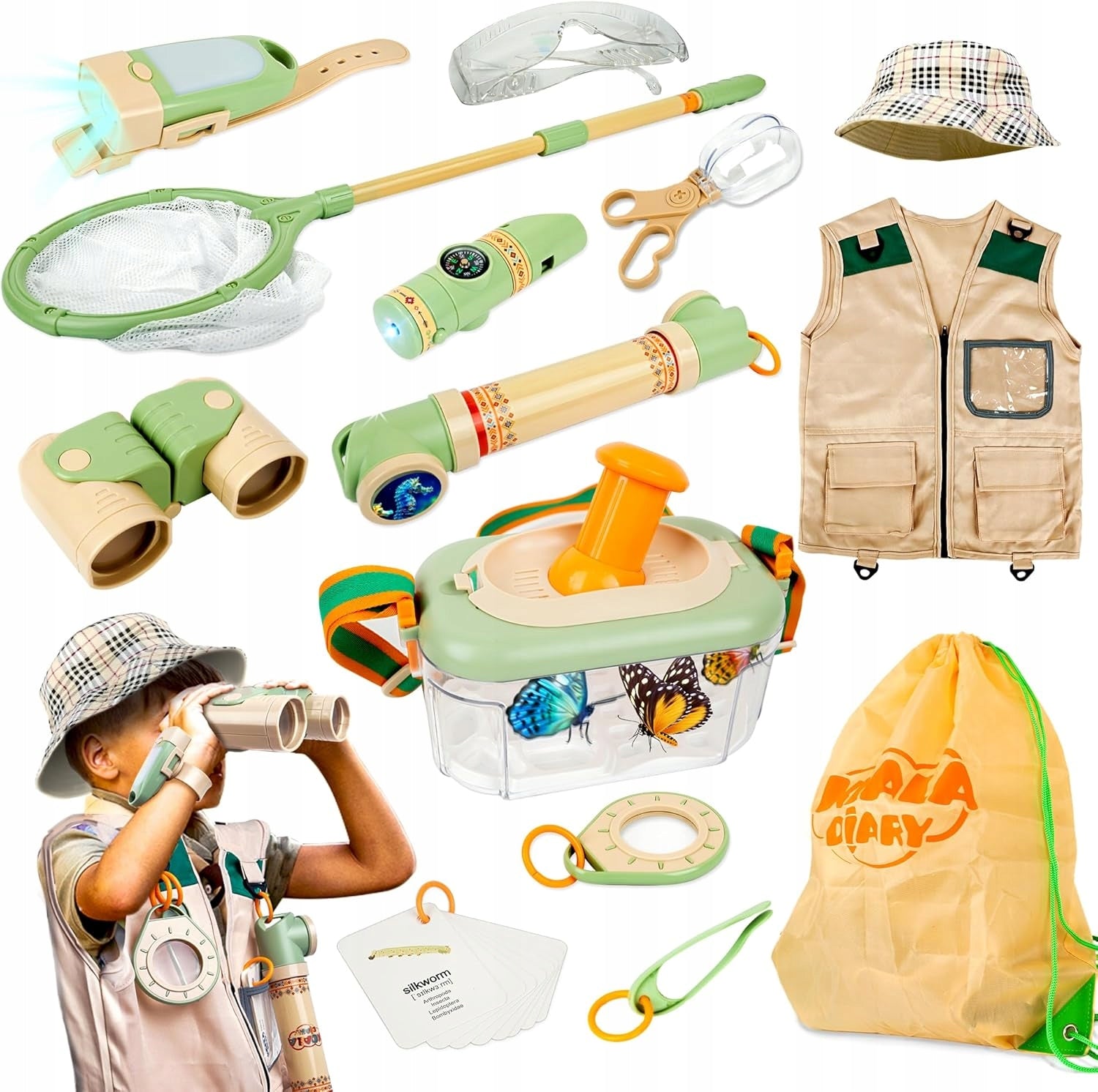 Binoculars Compass Insect Mesh Butterflies Flashlight Travel Explorer Set