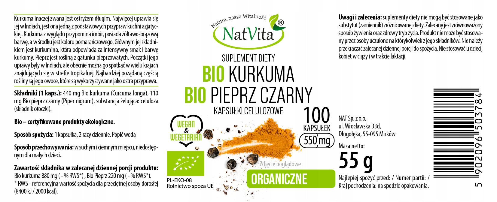 Bio Turmeric+Bio Pepper Black Liver Digestion Capsules 550mg NatVita Packaging status original