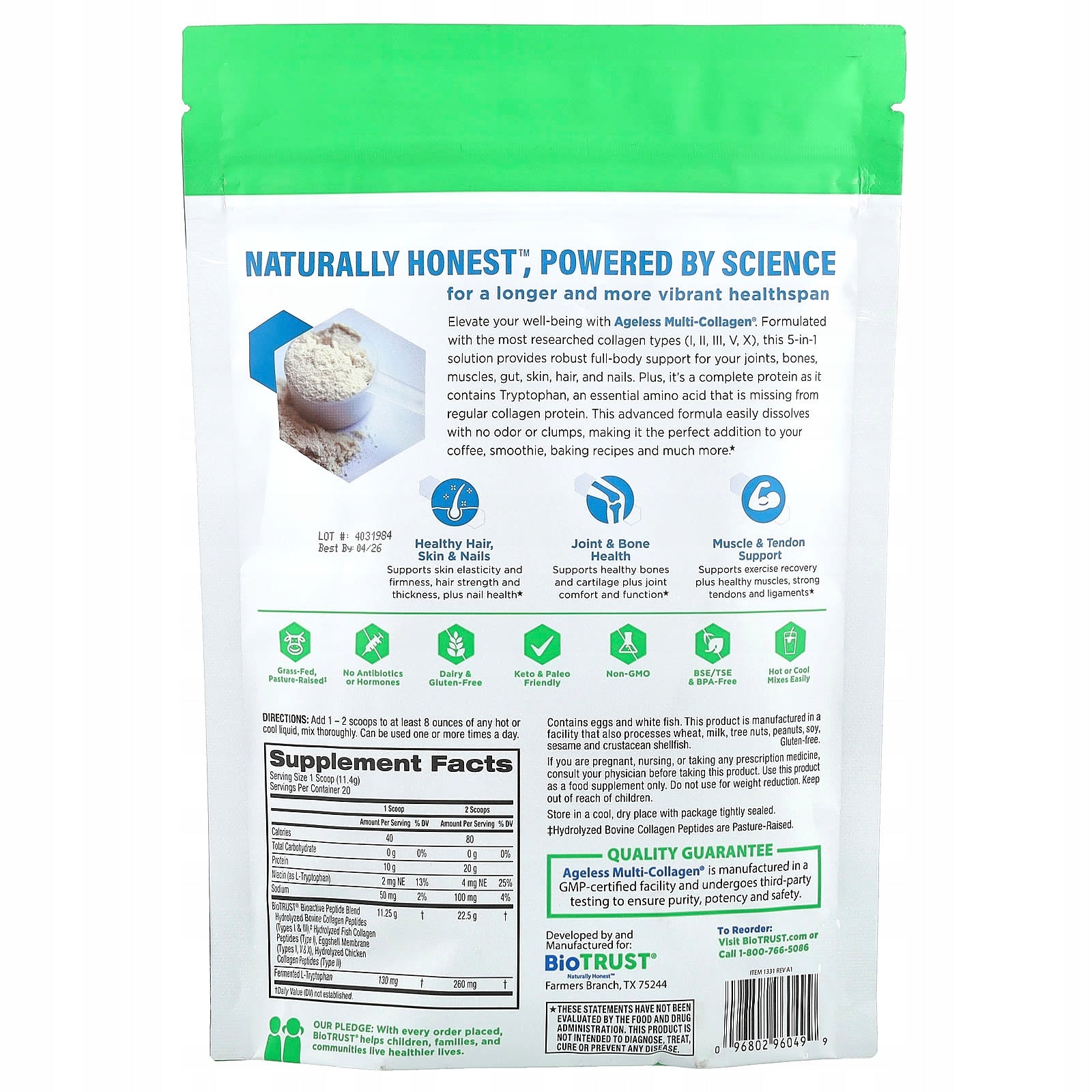 BioTRUST, Ageless Multi-Collagen, Flavorless, 228 g Expiration date at least 3 months from the date of purchase