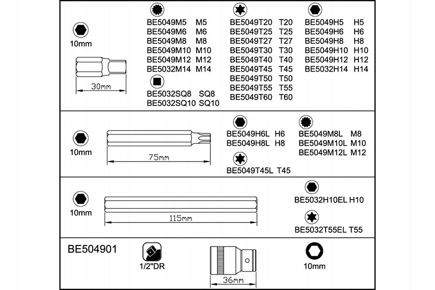 Bit Tip Set BAHCO Fixing 10 mm 32 Elements Length 30+75+115 mm EAN (GTIN) 7314150189885