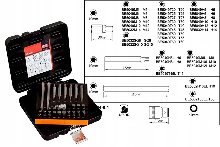 Bit Tip Set BAHCO Fixing 10 mm 32 Elements Length 30+75+115 mm Manufacturer code BE5032