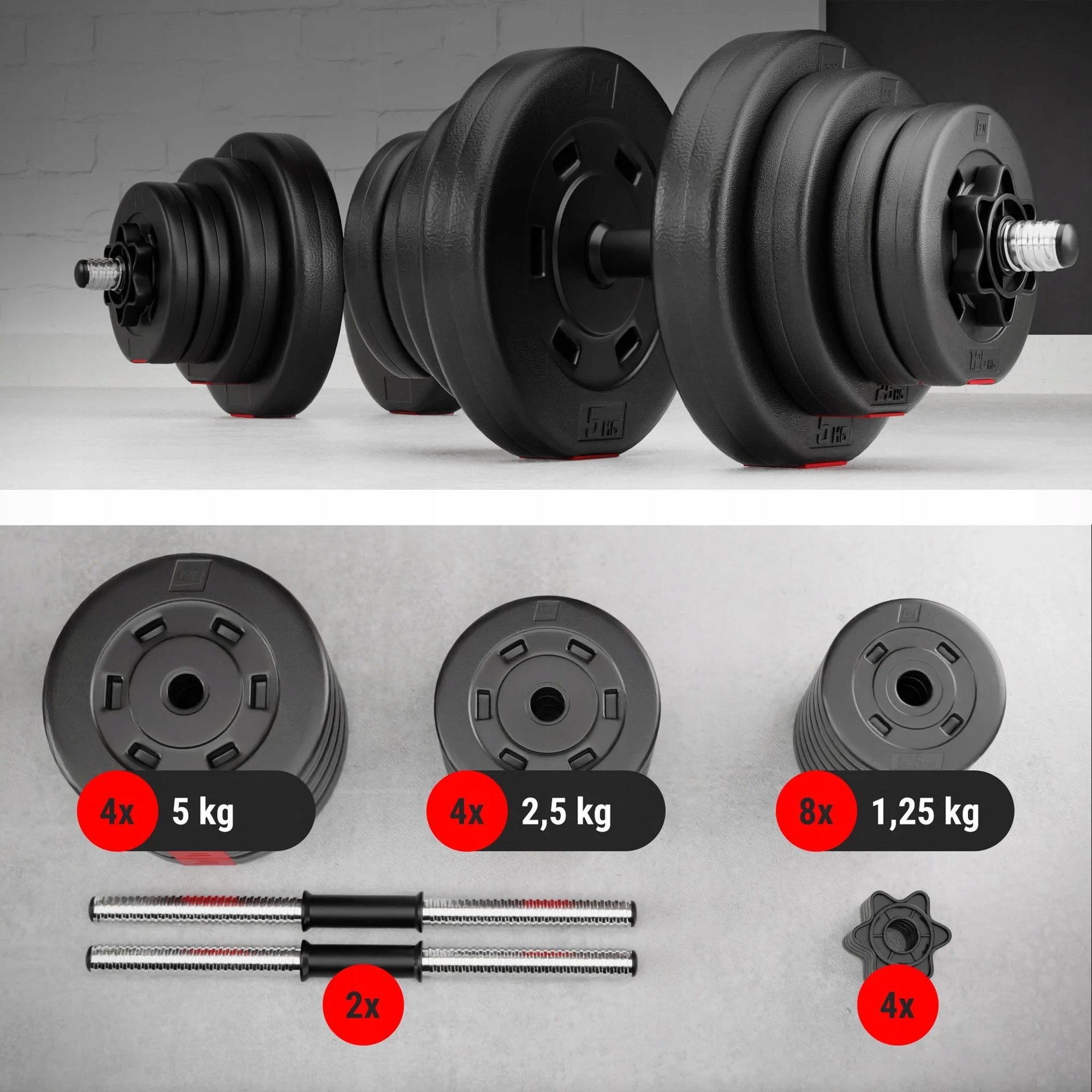 Bituminous dumbbell set 2x20kg adjustable clamps included neck 30mm Packaging status original