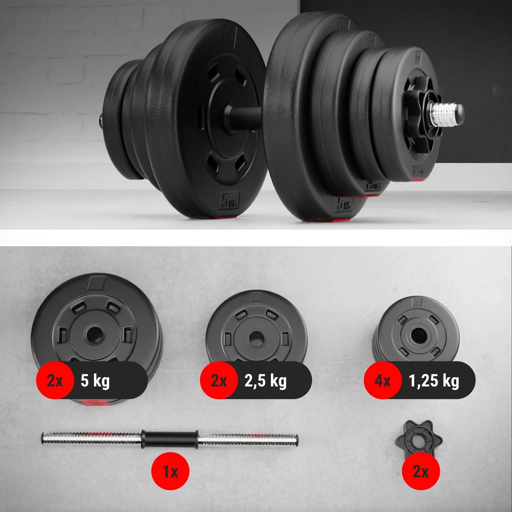 Bituminous dumbbells 1x20kg adjustable neck 30mm clamps included threaded Packaging status original