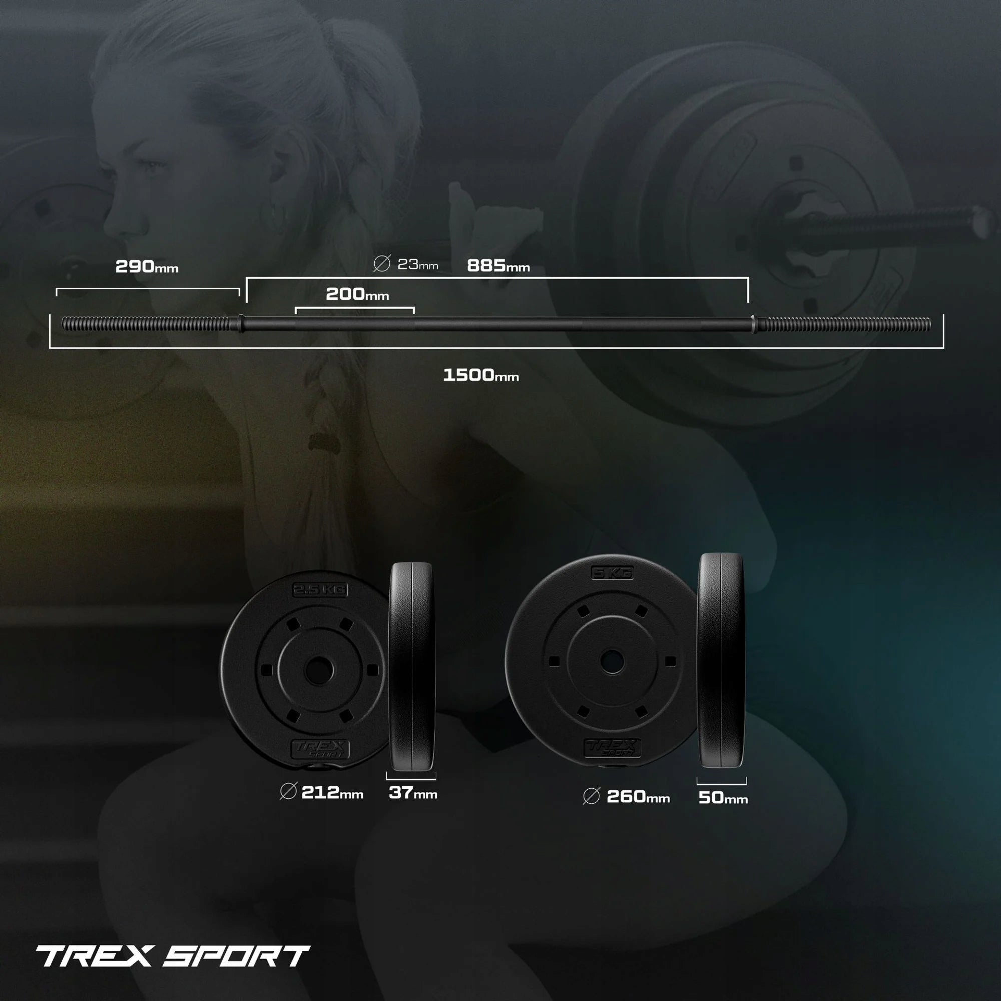 Bituminous weight set for exercise 46 kg neck 150cm barbell Trex Sport Manufacturer code TX-046SAB150SP