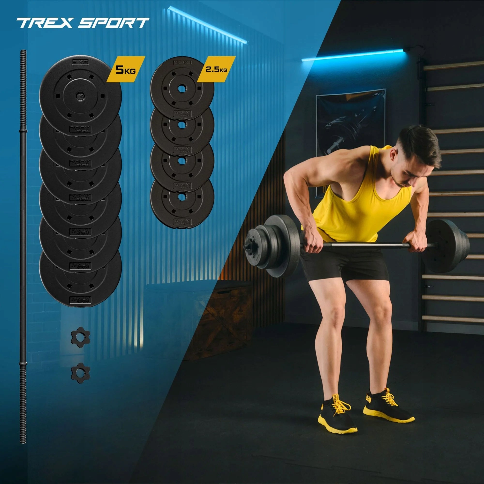 Bituminous weight set for exercise 46 kg neck 150cm barbell Trex Sport Packaging status original