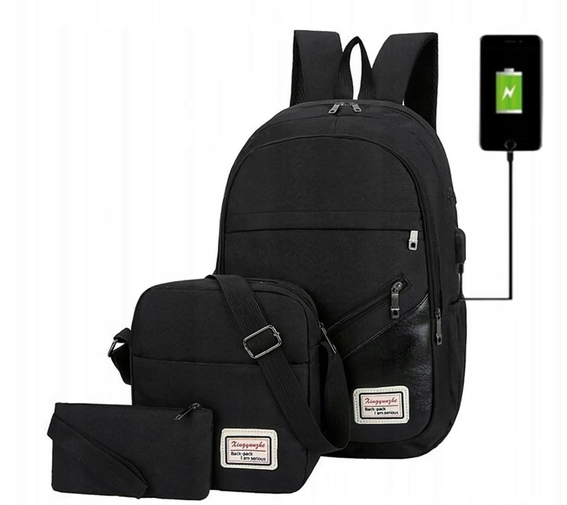 Black 3in1 Youth School Backpack with Sachet and USB Pencil Case