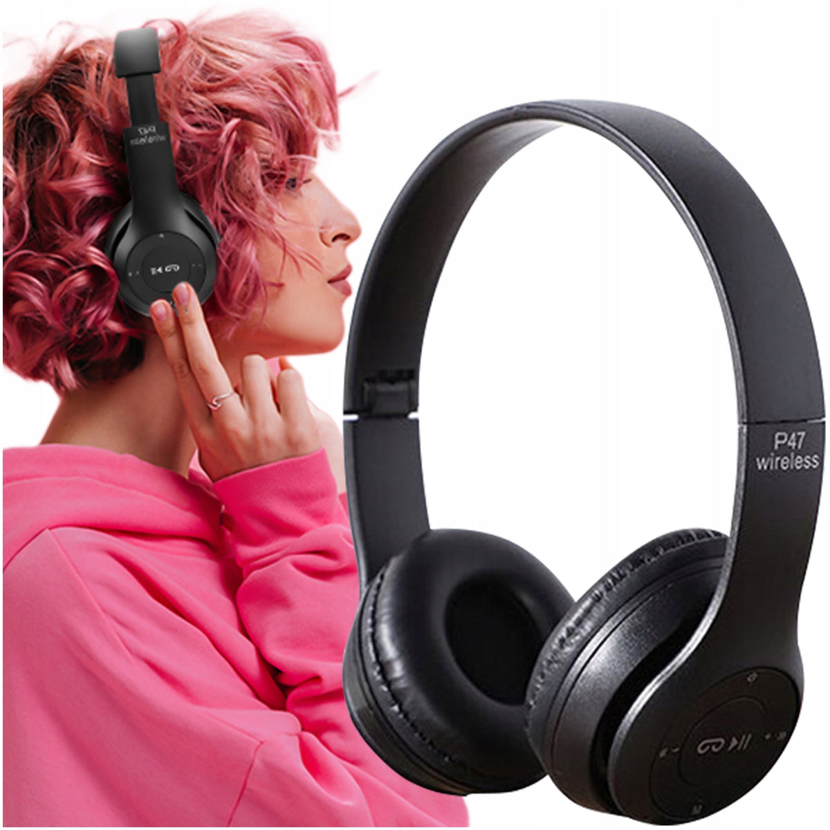 Black BT ON-EAR WIRELESS HEADPHONES MP3 MICROPHONE FM Radio SD Sensor