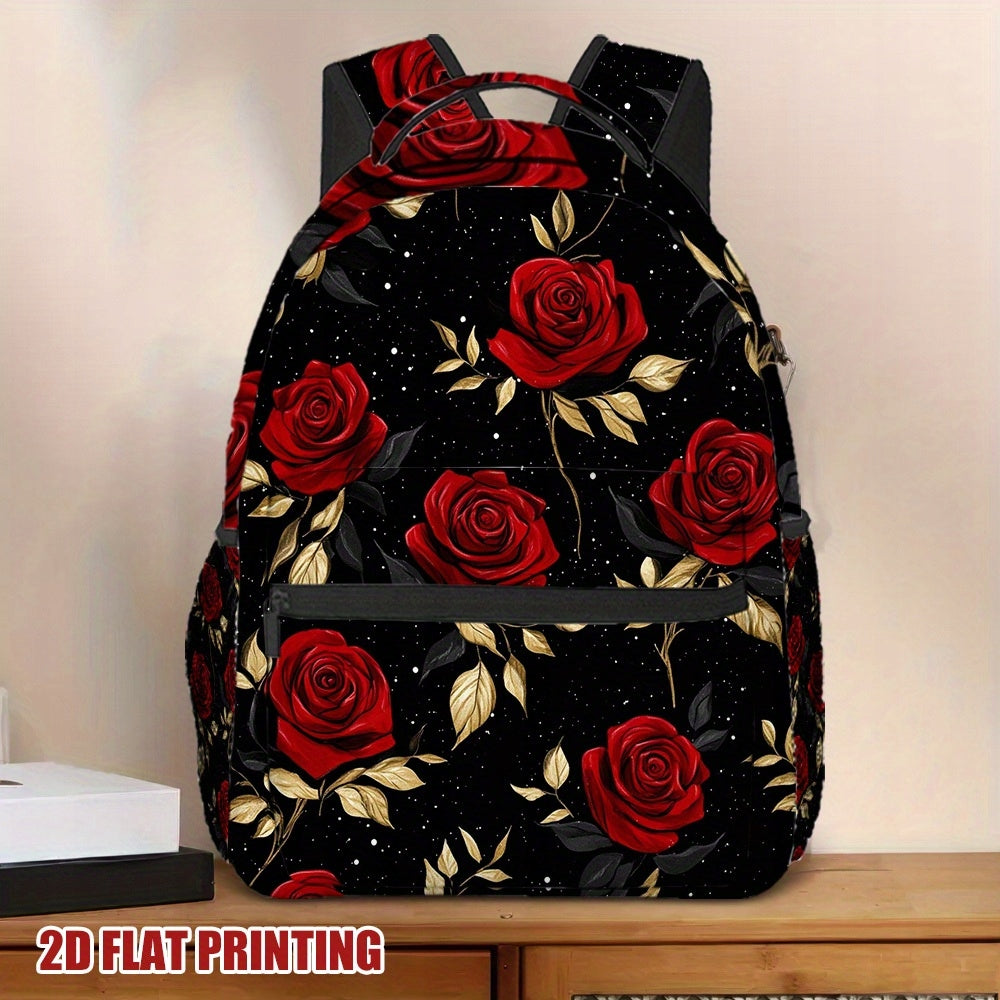 Black Backpack with Golden Floral Rose Night Blossoms Print - Lightweight and Durable for Travel