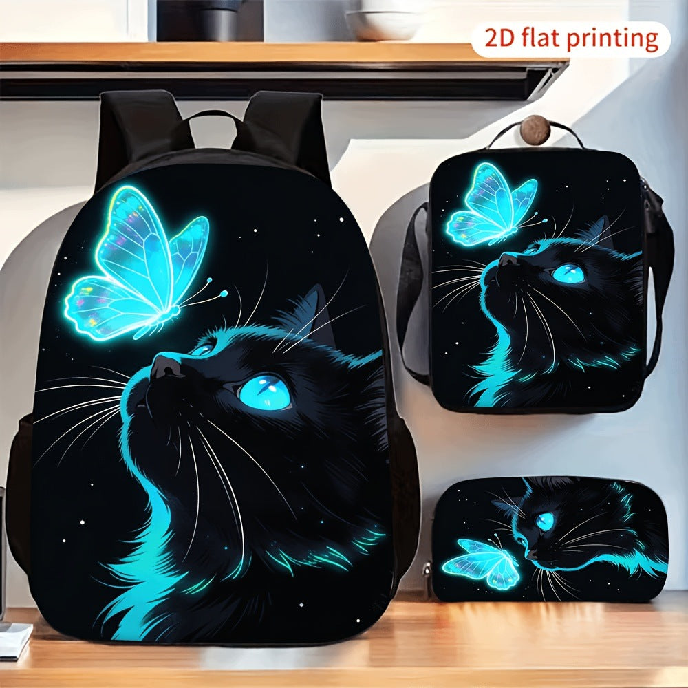 Black Cat Blue Butterfly Print 3-Piece Backpack Set with Lunch Bag and Pencil Case