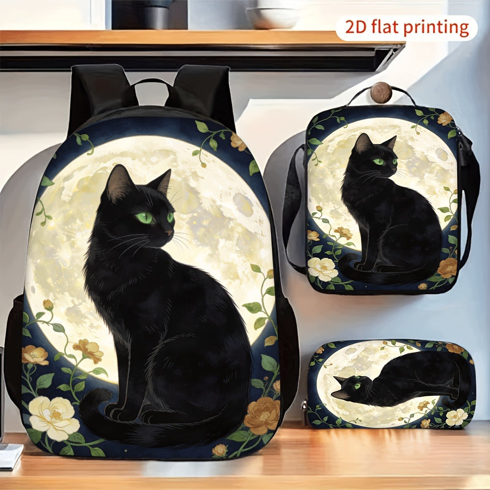 Black Cat Full Moon Backpack Set - Includes Crossbody Bag and Pencil Case
