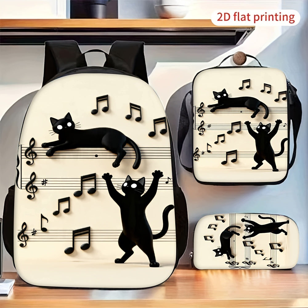 Black Cat Musical Notes Print 3-Piece Backpack Set: Includes Backpack, Crossbody Bag, and Pencil Case