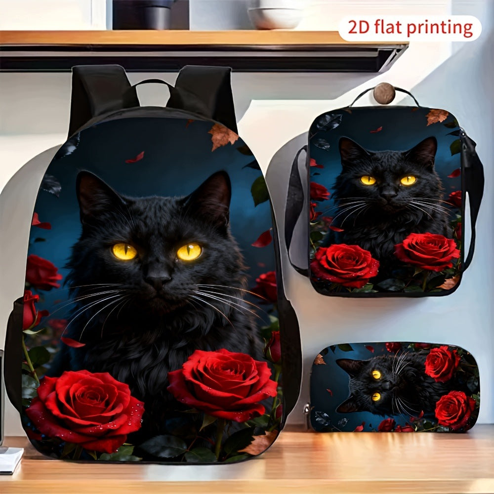 Black Cat Yellow Eyes Red Rose Print Backpack Set with Crossbody Bag