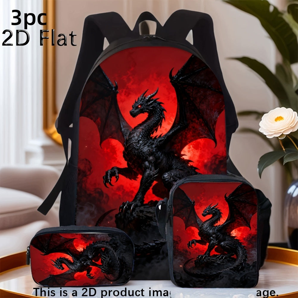 Black Dragon Red Background 3-Piece Backpack Set with Crossbody Bag