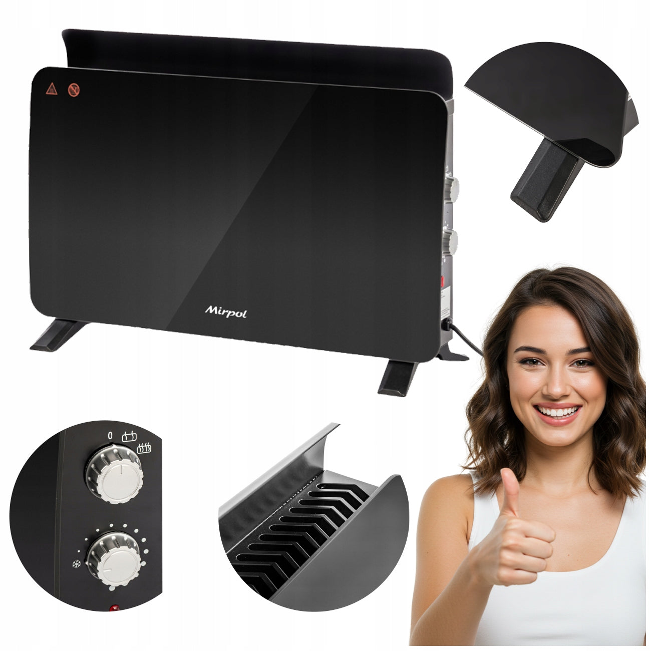 Black Electric HEATER 1500W BLACK CONVECTOR GLASS FREESTANDING