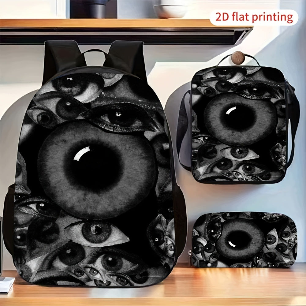 Black Multiple Eyes Pattern 3pcs 2D Flat Backpack Crossbody Set