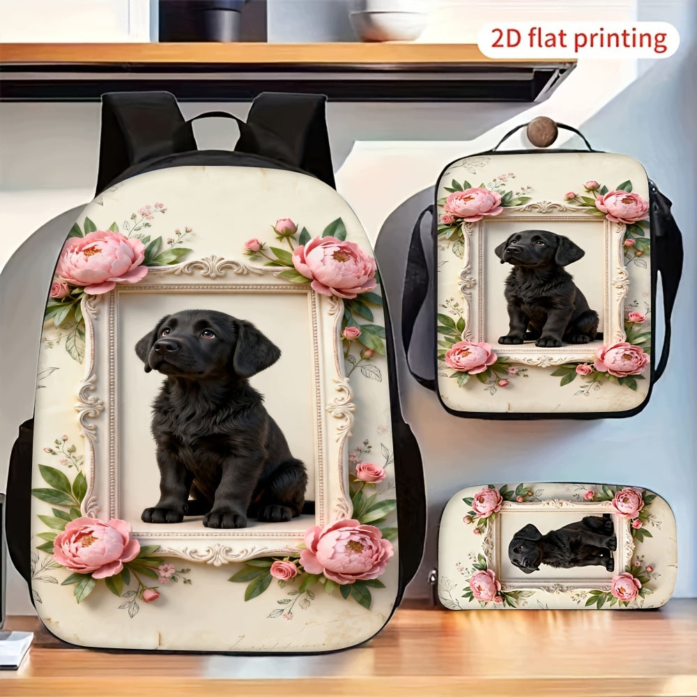 Black Puppy Peony Flower Frame Pattern Backpack with Crossbody Bag