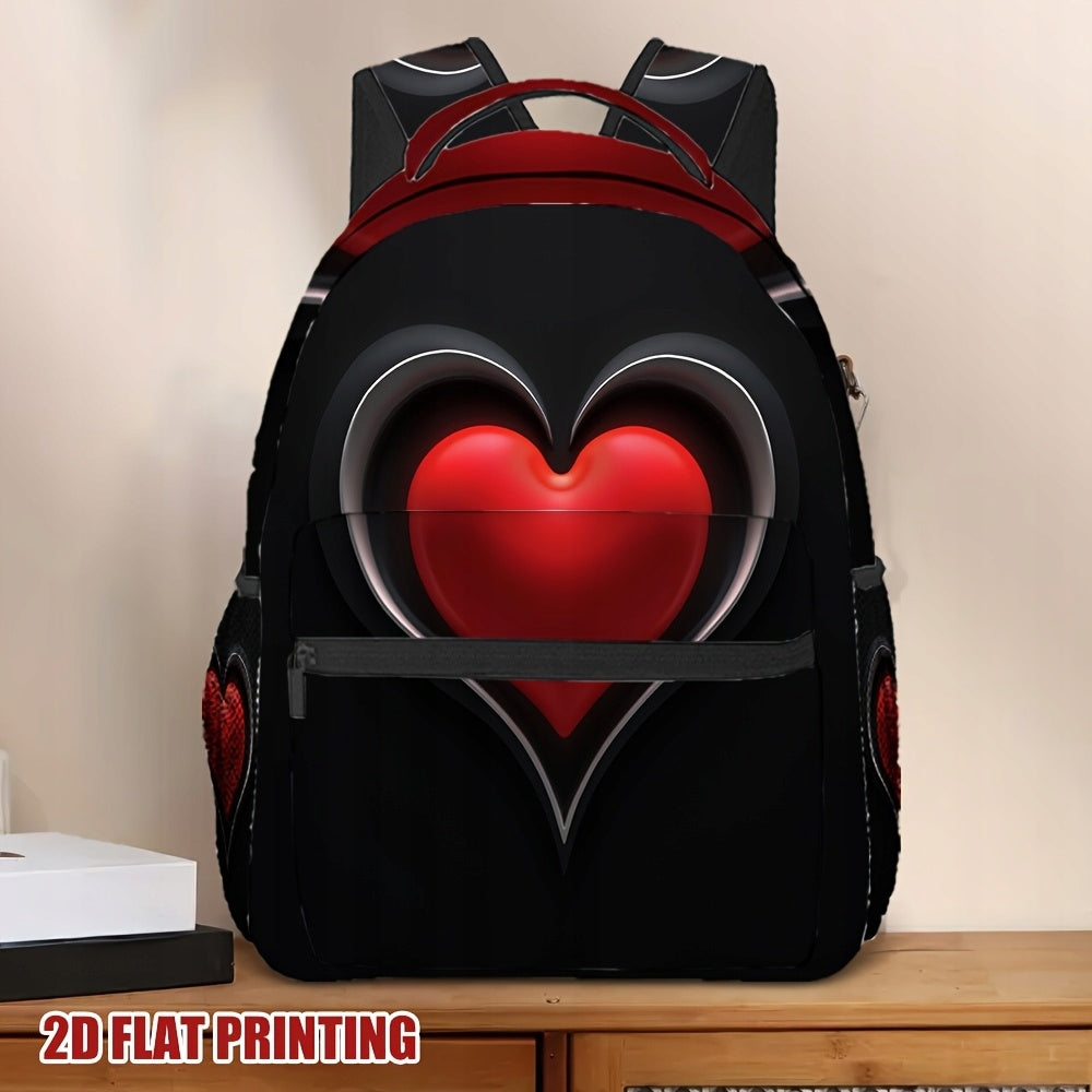 Black Red Heart Print Backpack for Campus, Travel, and Commuting