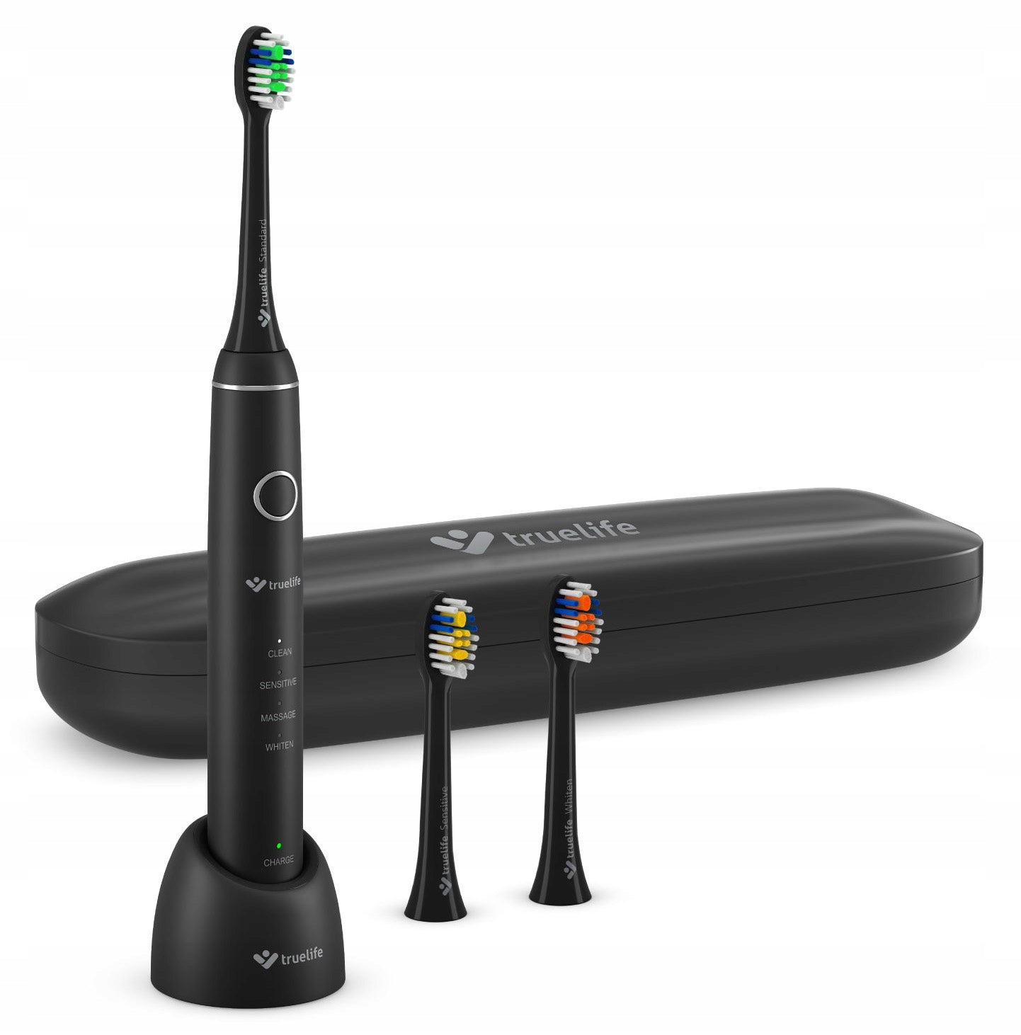Black Sonic Toothbrush TrueLife Timer Powerful Battery 2 Tips + Case