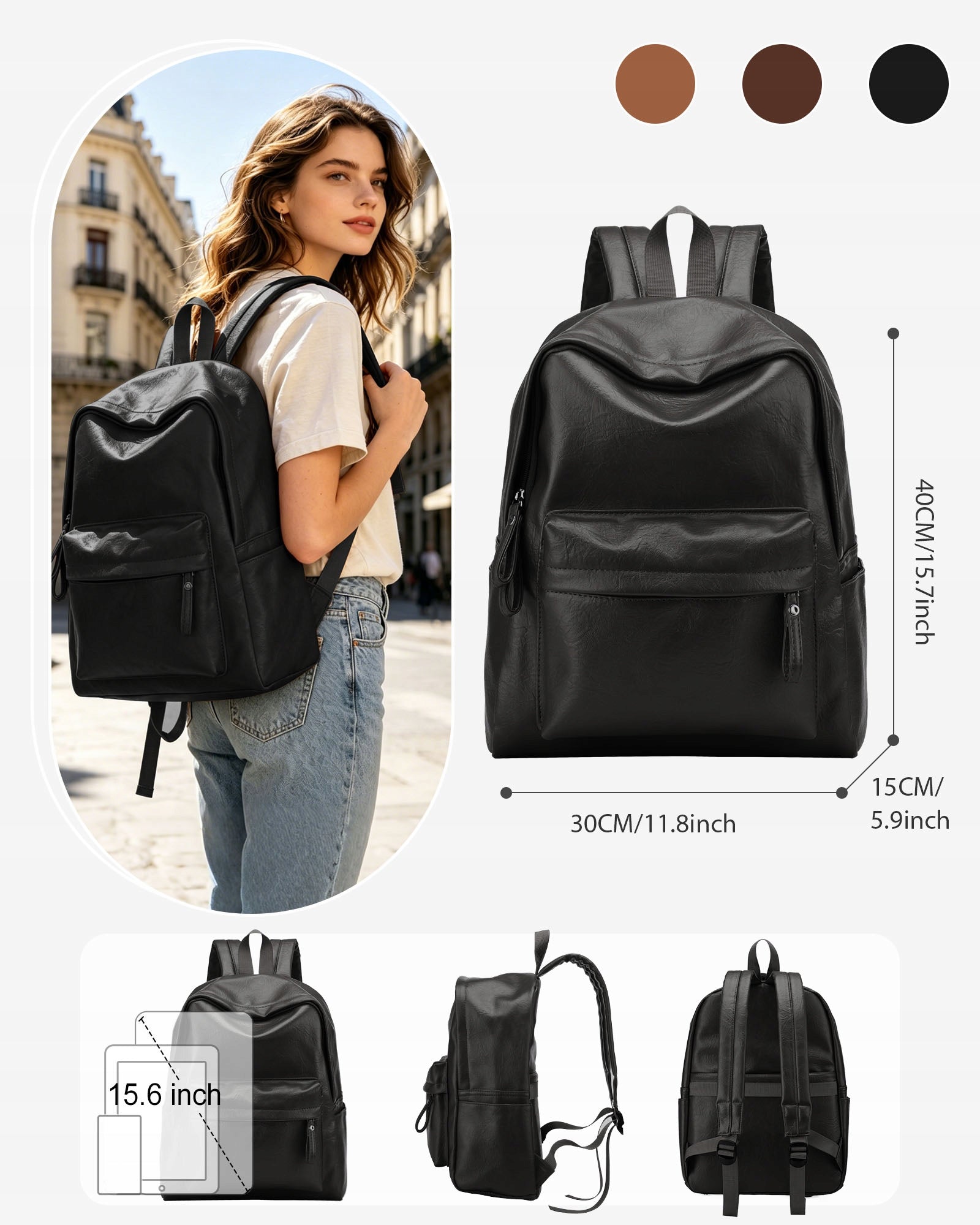 Black Student Backpack for School and College, 15.6-Inch Laptop, A4, Unisex Brand no brand