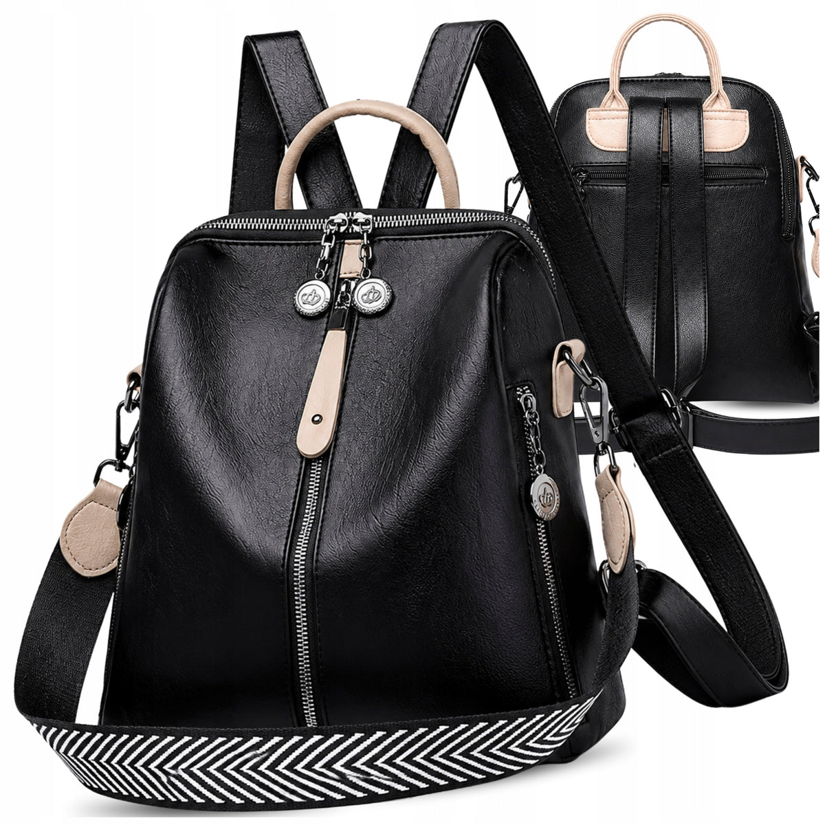 Black Waterproof Women's Leather Backpack Spacious 2in1 Schools Work City Packaging status original