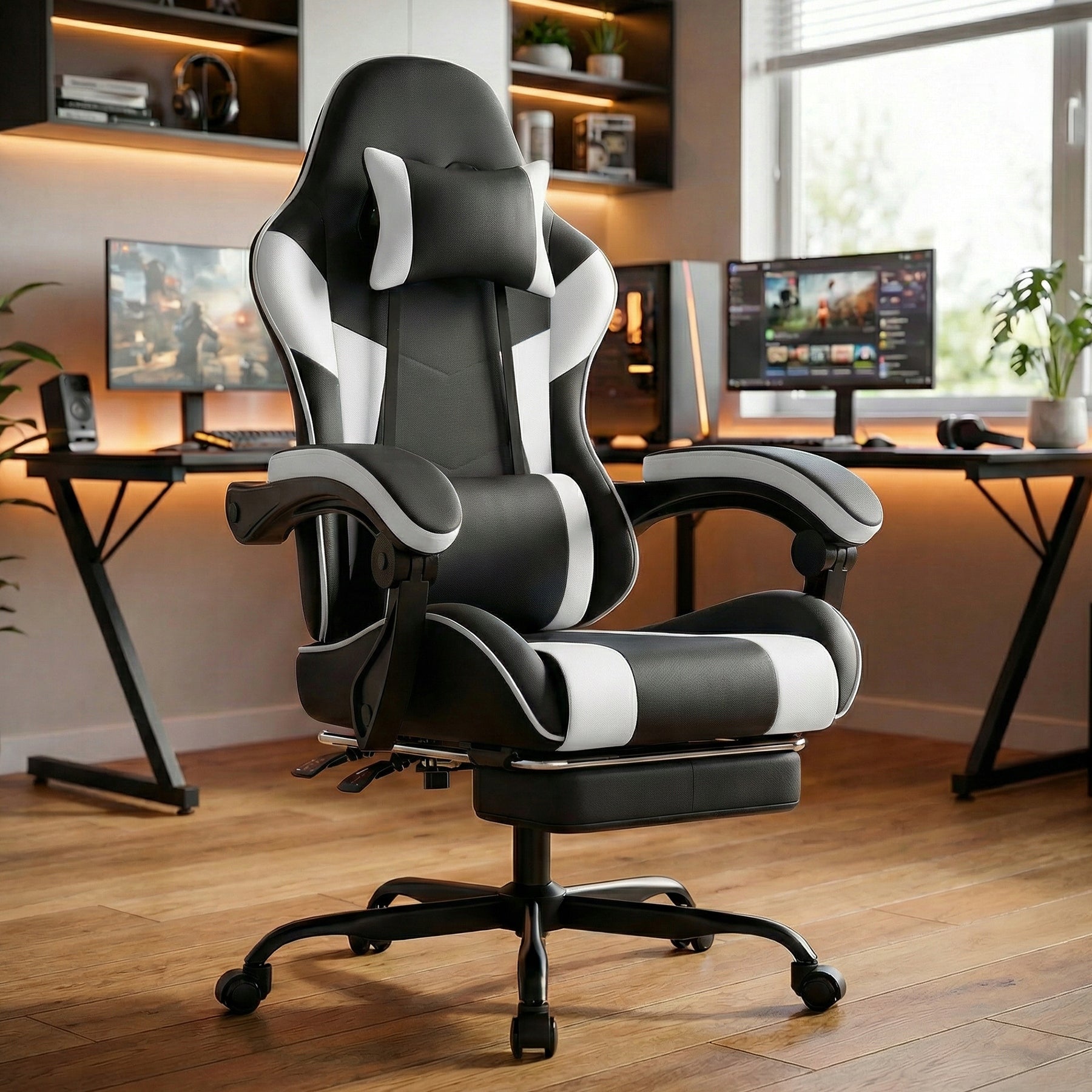 Black-White Ergonomic PU Gaming Chair – Lumbar Support, 200kg, Adjustable