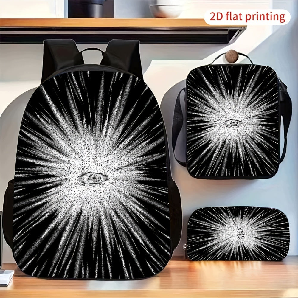 Black White Radial Burst 3-Piece Backpack Set with Crossbody Bag and Storage Pouch