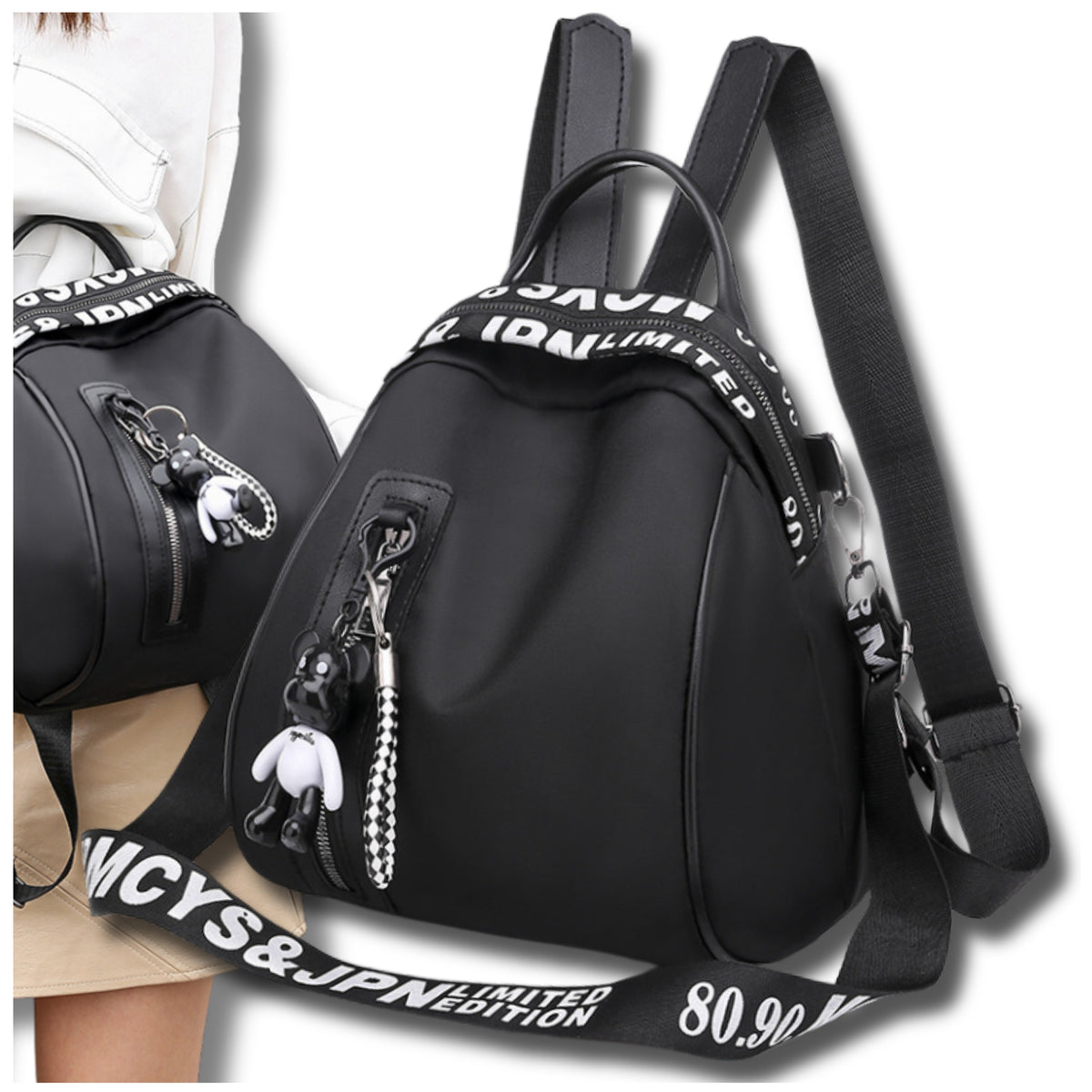 Black Women's Backpack Waterproof Urban SHOULDER SCHOOL 2IN1 Keychain Lightweight Brand EdiBazzar