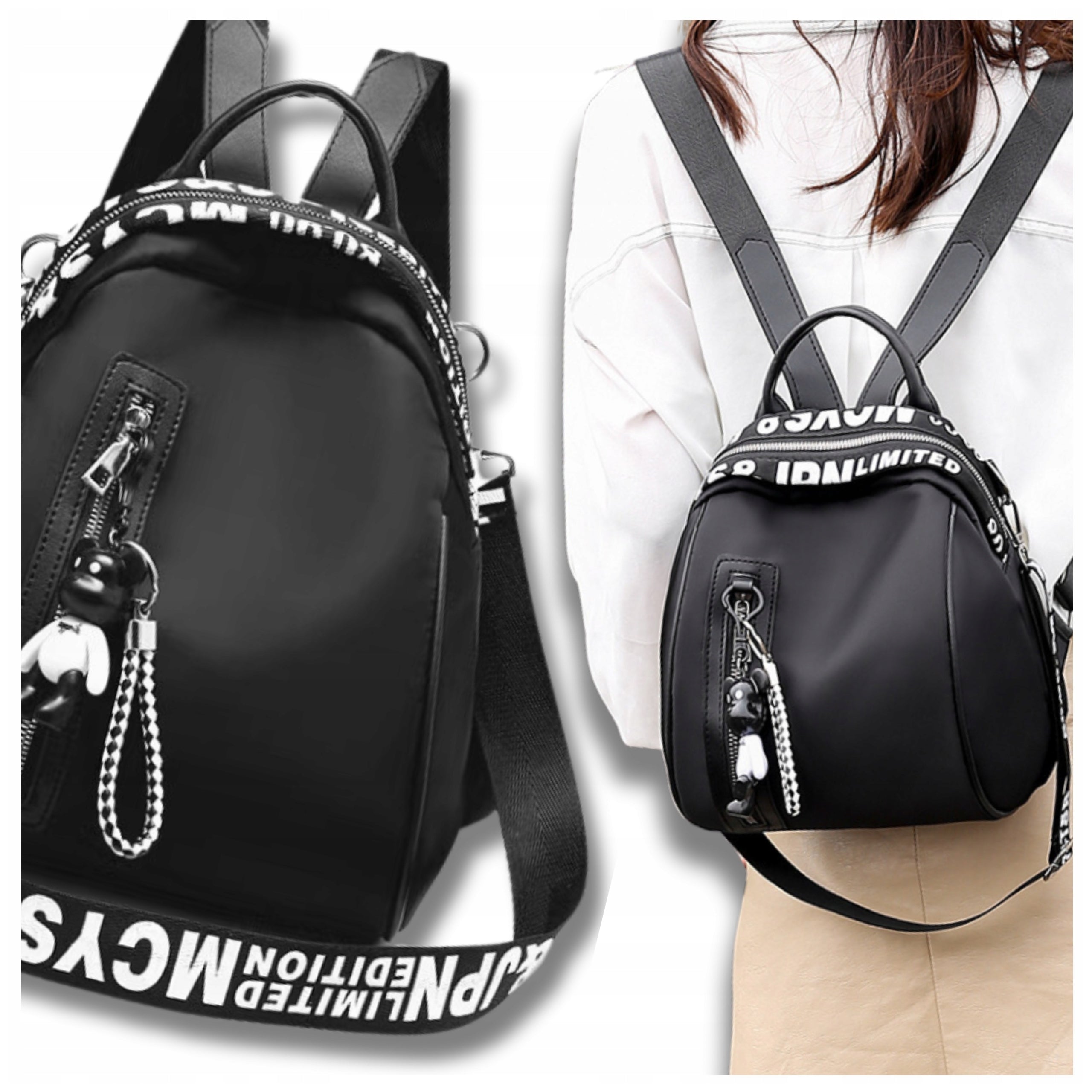 Black Women's Backpack Waterproof Urban SHOULDER SCHOOL 2IN1 Keychain Lightweight