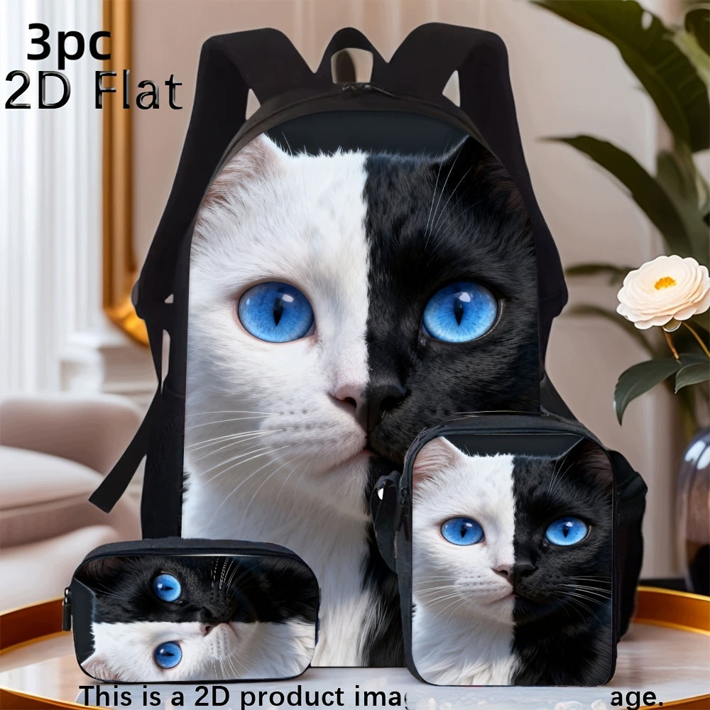 Black and White Split Face Blue-Eyed Cat 3-Piece Backpack Set
