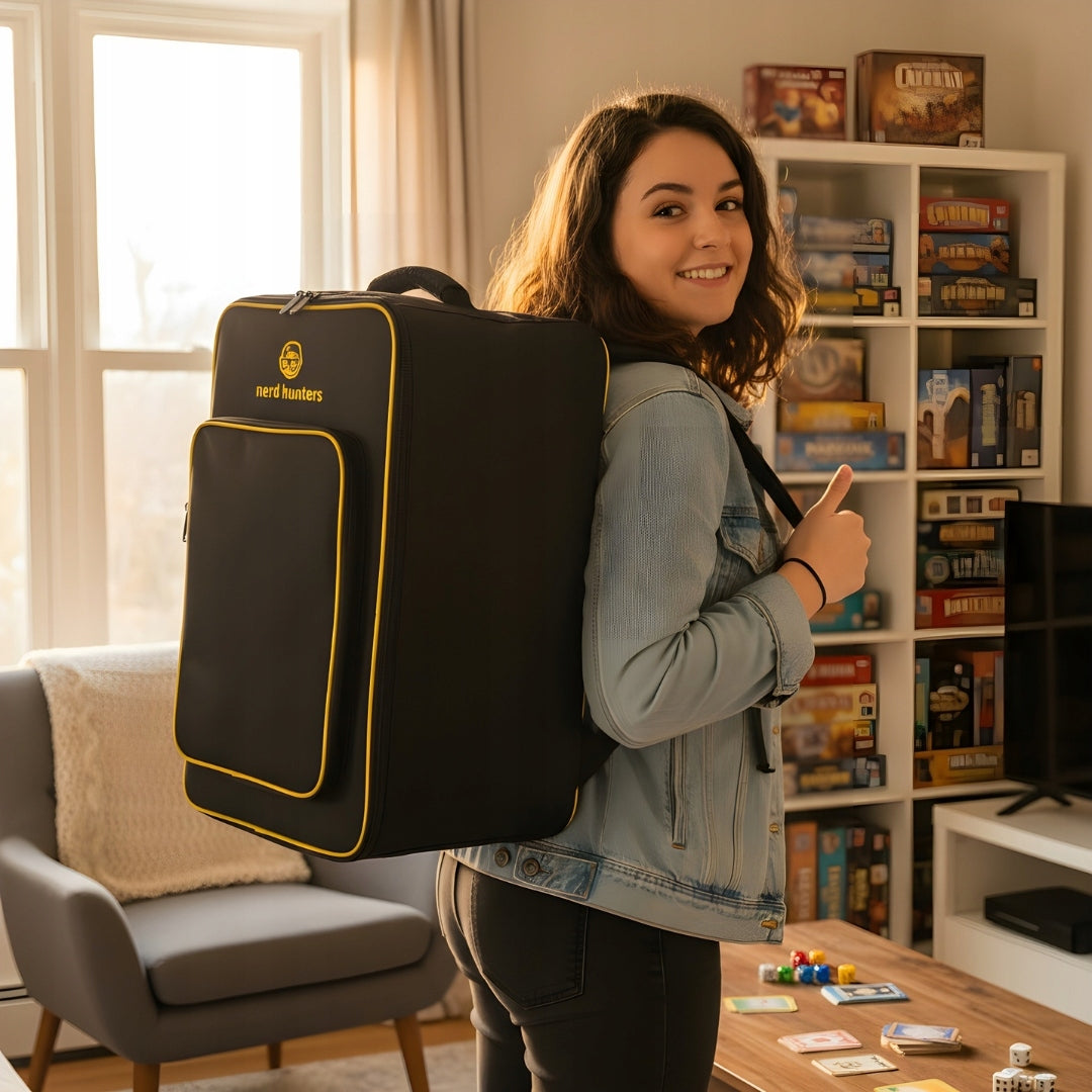 Black board game backpack from nerd hunters Brand nerd hunters