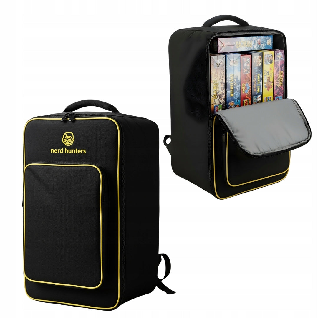 Black board game backpack from nerd hunters