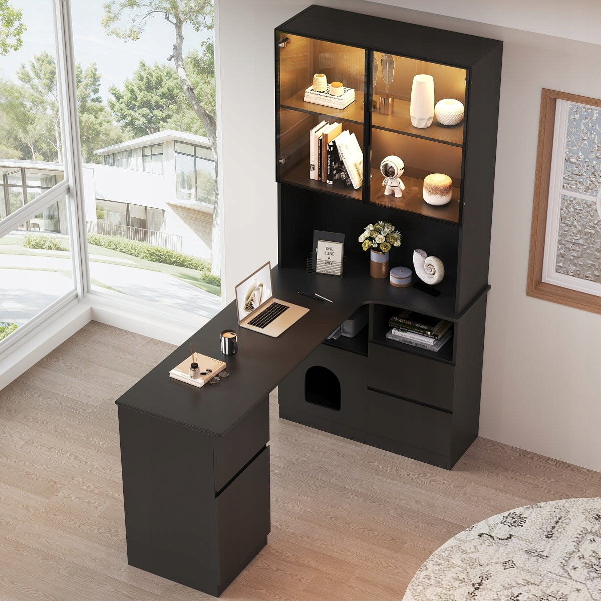Black corner desk with bookcase and LED cabinet 120x80x180cm Manufacturer code N880P4419389B