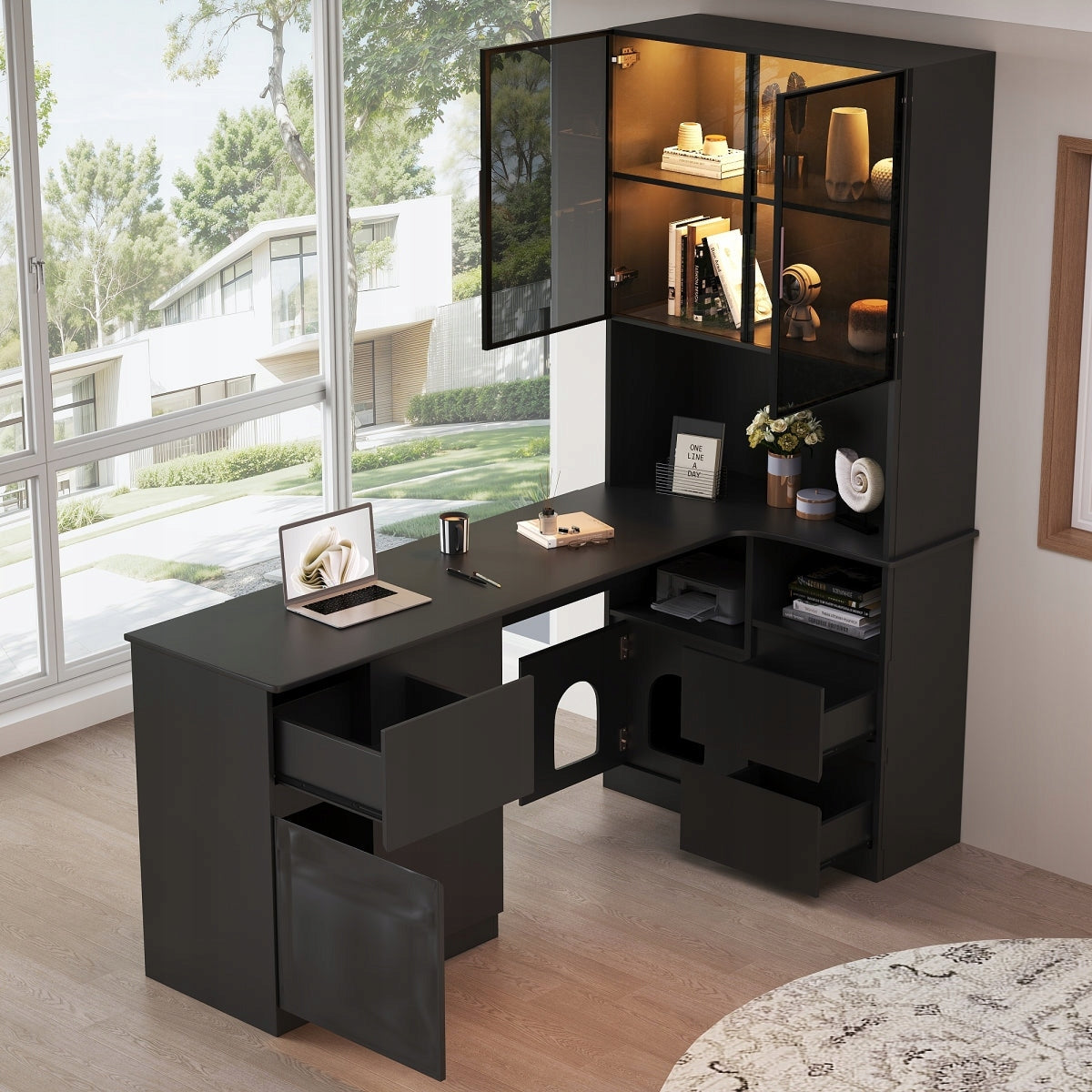 Black corner desk with bookcase and LED cabinet 120x80x180cm