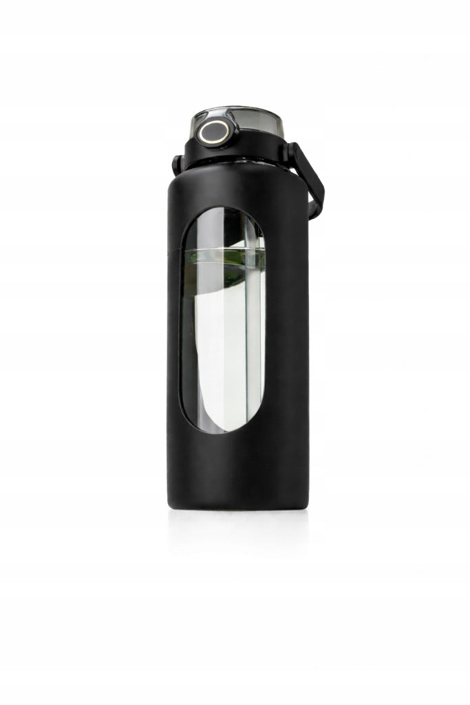 Black glass bottle 1,8 l with handle and straw BPA free