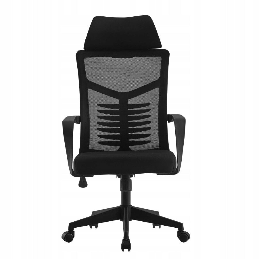 Black mesh swivel chair with height adjustment and armrests