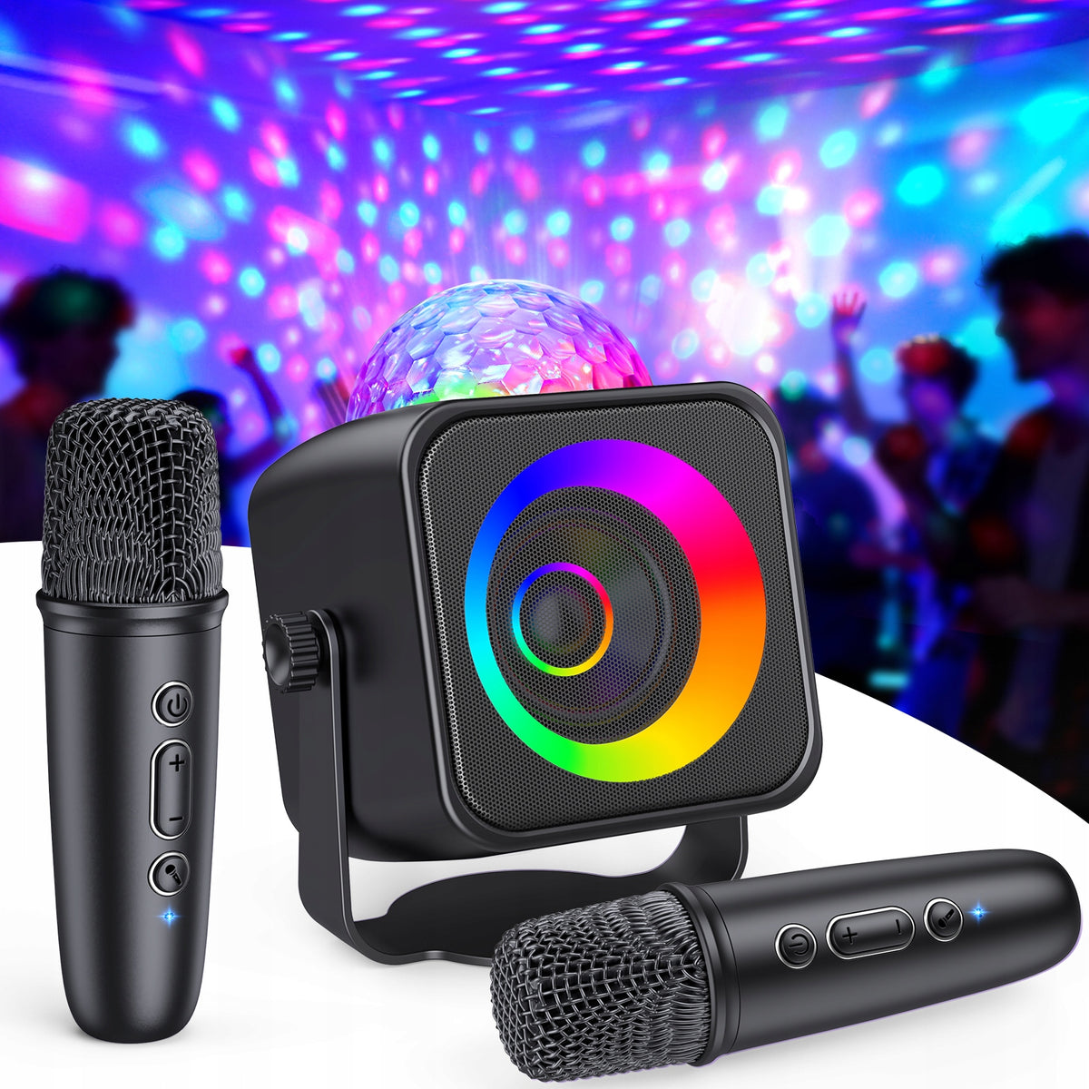 Black mini karaoke set, disco set, with two microphones.