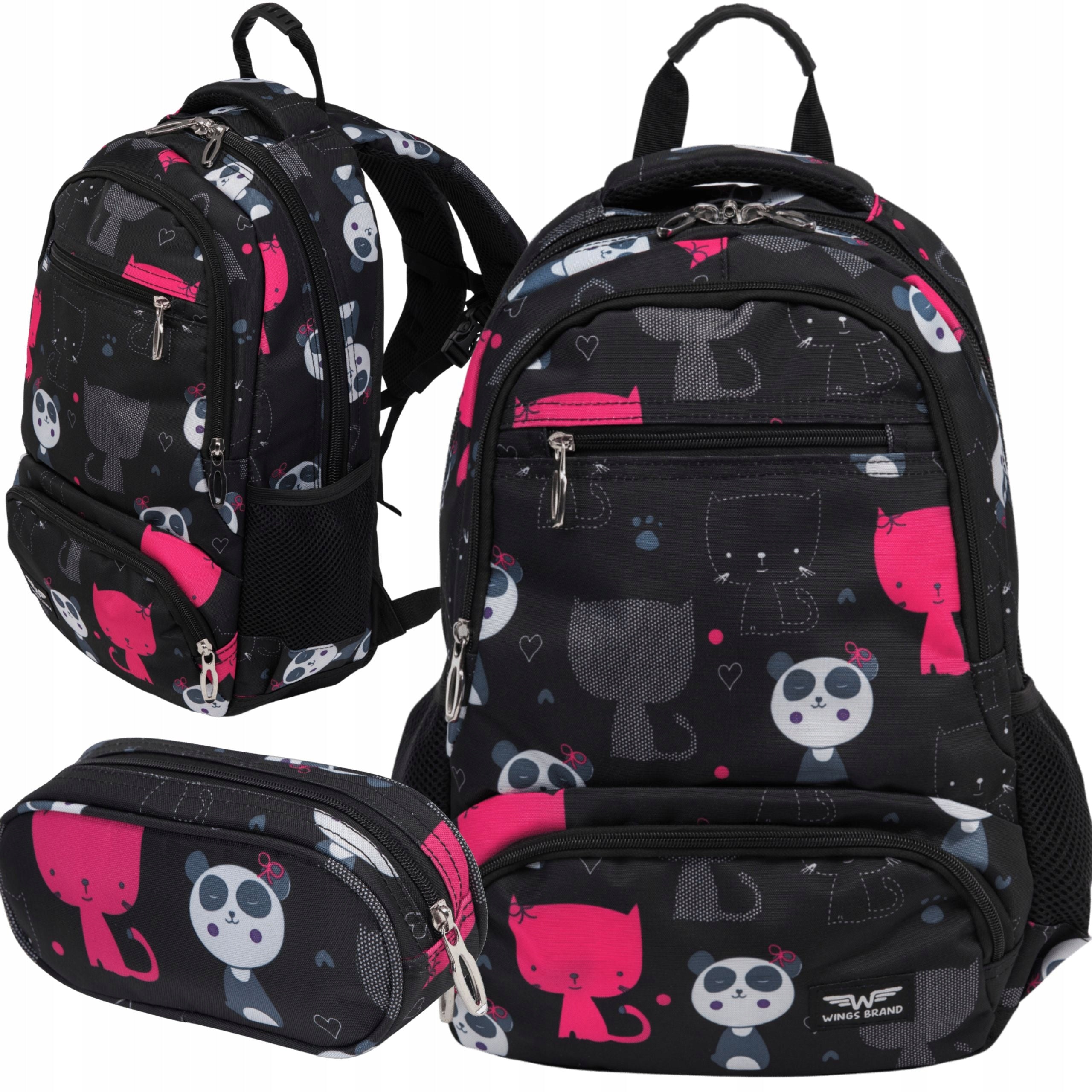Black school backpack TORNISTER youth ROOMY PENCIL CASE SET WINGS