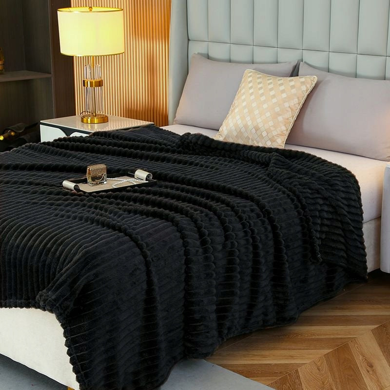 Blanket 160x200 Microfiber Embossed Soft Bedspread Black with Ribbing Packaging status original